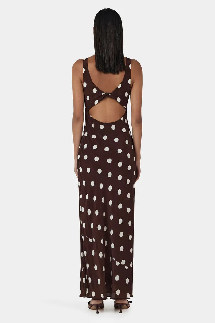 model wearing a brown and white polka dot dress