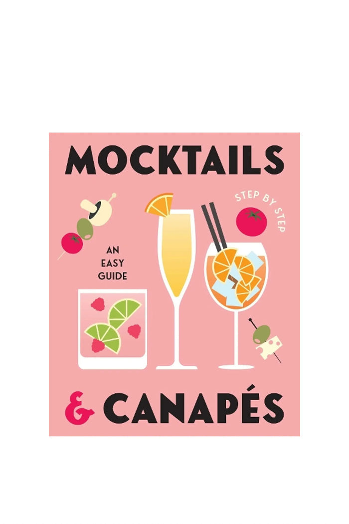 Book cover of 'Mocktails & Canapés' with cocktail illustrations on a pink background