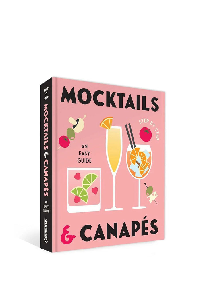 Book cover of 'Mocktails & Canapés' with illustrations of cocktails and canapés on a pink background.
