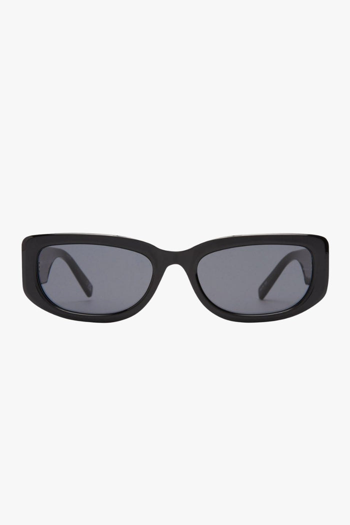 Black rectangular sunglasses with narrow frames and khaki-tinted mono lenses.