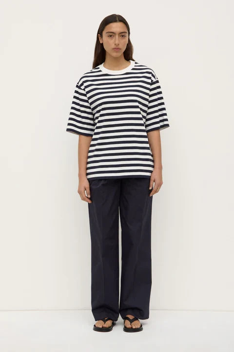 Model wearing striped t-shirt