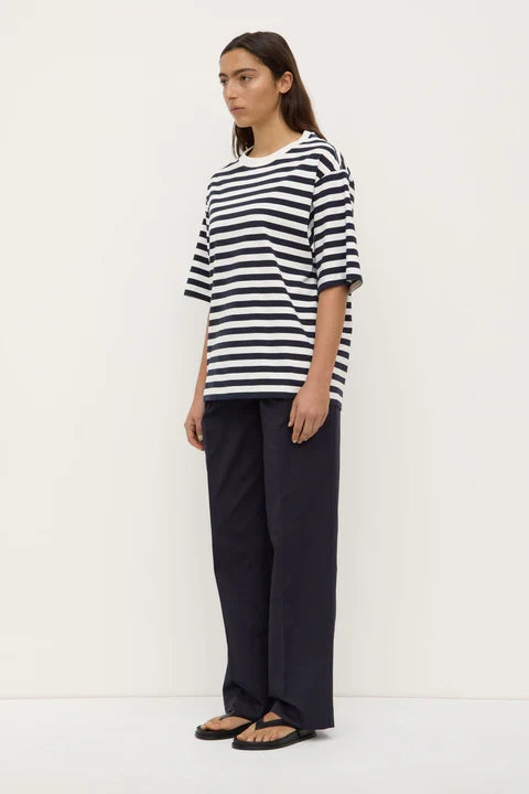 Model wearing striped t-shirt