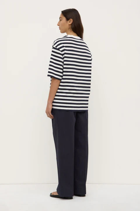 Model wearing striped t-shirt