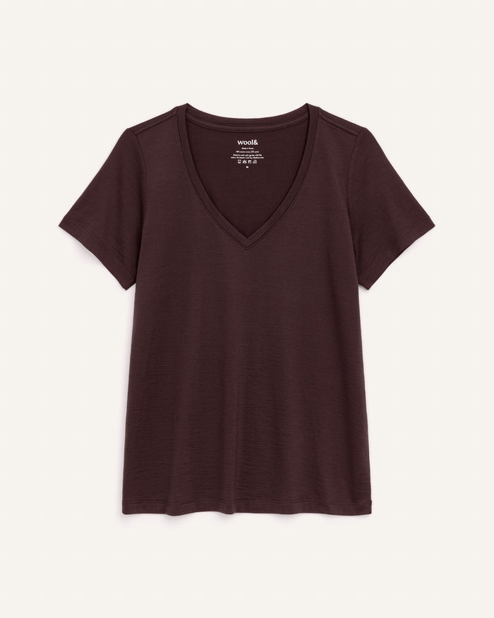 Laydown of Morgan V-Neck Tee in Espresso, a warm dark brown color. Morgan V-Neck Tee is a merino wool short sleeve, v-neck, regular fit tee available in sizes XS-3X.
