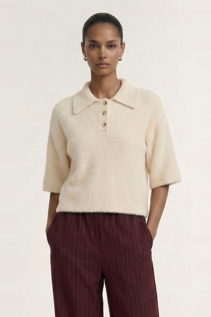 Celine Natural Beige Polo SS Knit Top