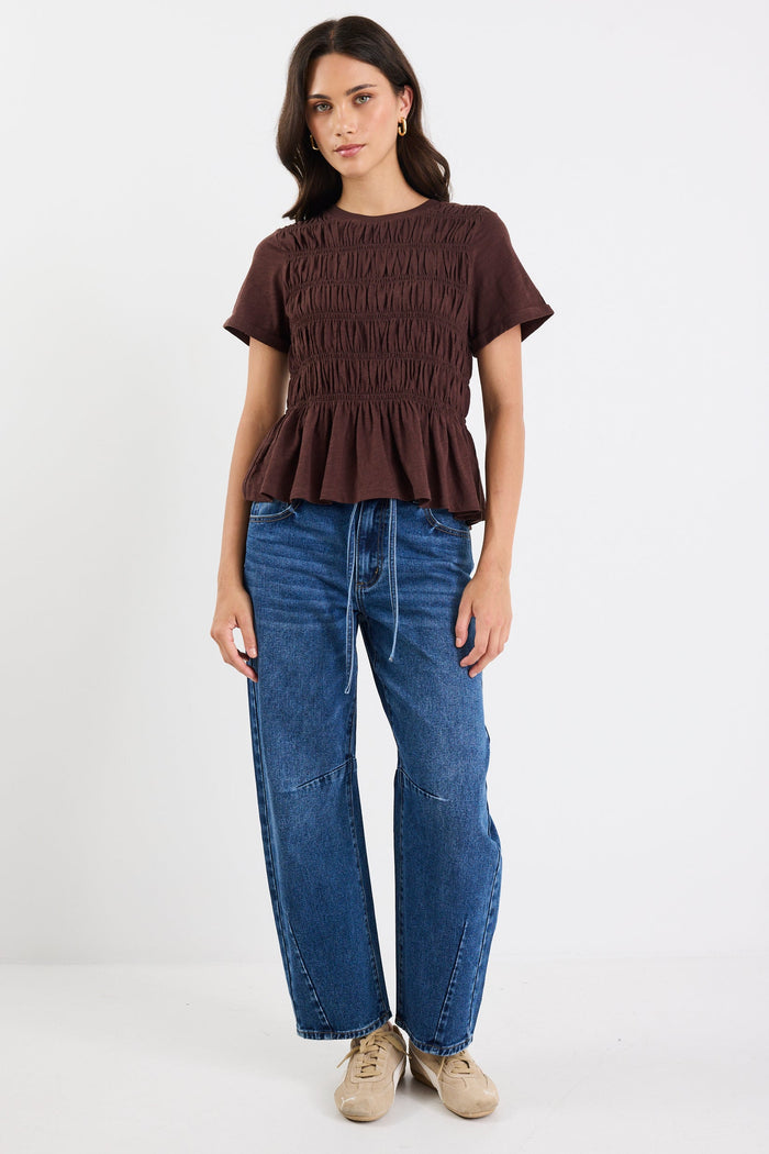 Neat Chocolate Slub Shirred Detail SS Tee