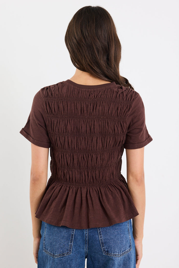 Neat Chocolate Slub Shirred Detail SS Tee