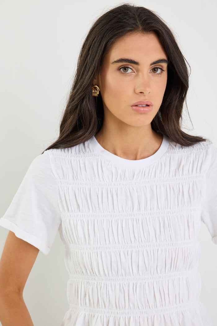 Neat White Slub Shirred Detail SS Tee