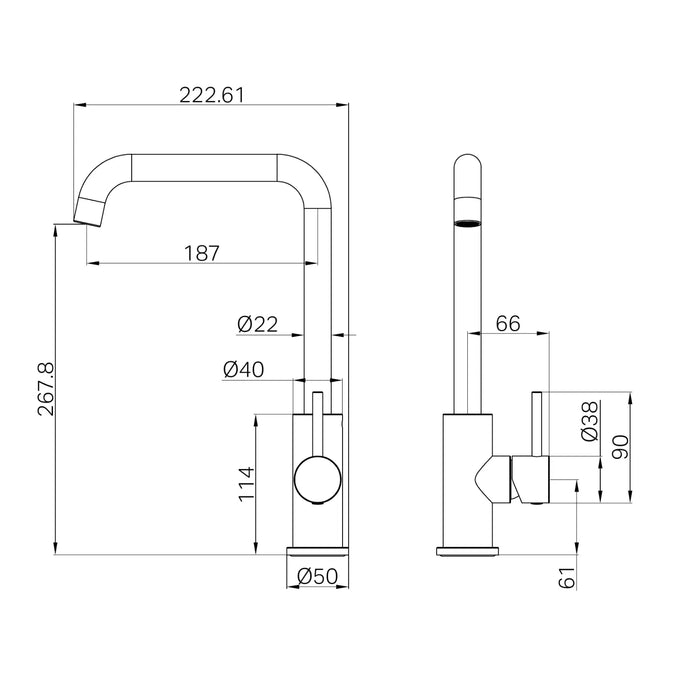 Technical Drawing Nero Dolce II Sink Mixer Square Spout - Brushed Gold 25B019BG - The Blue Space