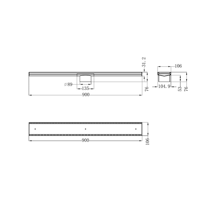 Technical Drawing Nero Tile Insert V Channel 900x106mm Floor Grate 90mm Outlet Brushed Nickel NRFG001HSBN_KIT - The Blue Space
