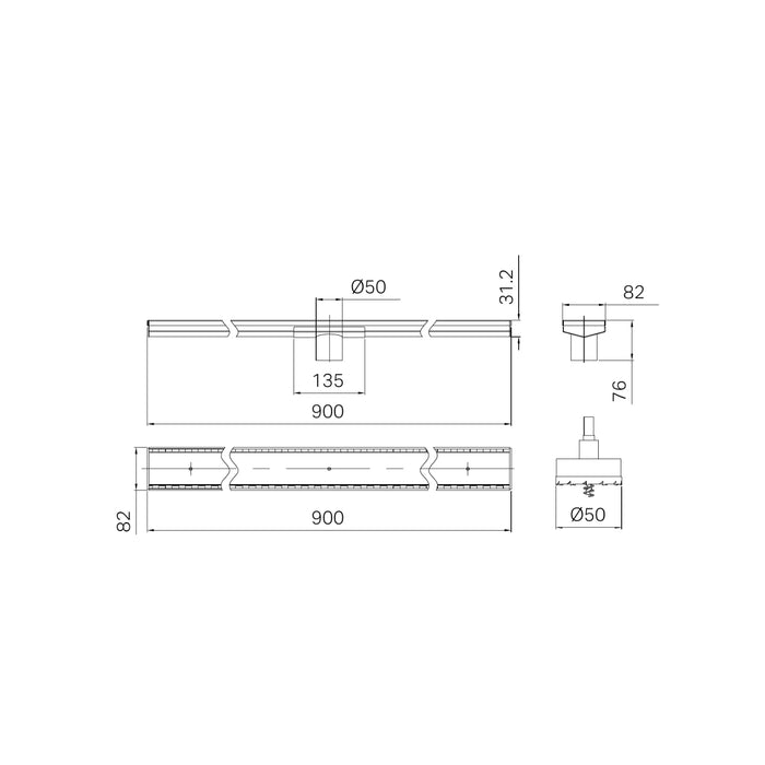 Technical Drawing Nero Tile Insert V Channel 900x82mm Floor Grate 50mm Outlet Brushed Nickel NRFG002HSBN_KIT - The Blue Space