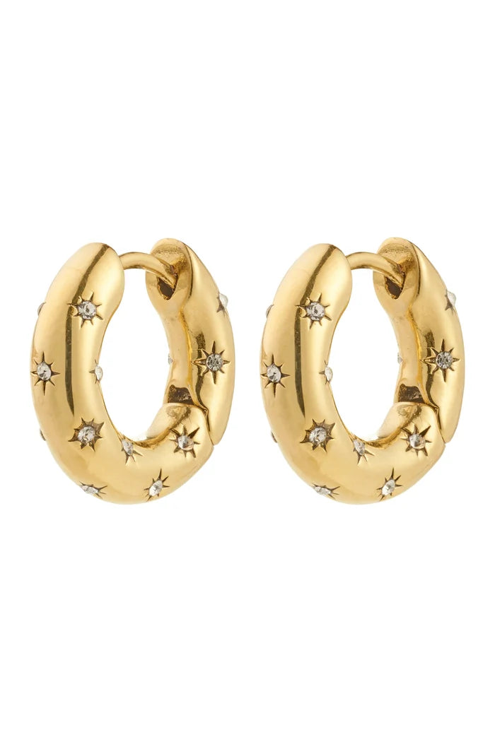 Gold hoop earrings with star and circle designs on a white background