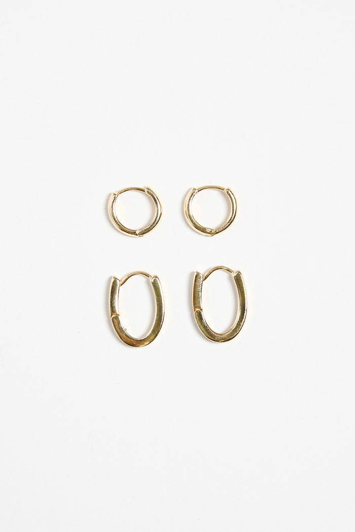 Oblong Hoop Huggie Set Gold Earrings