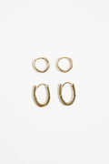 Oblong Hoop Huggie Set Gold Earrings