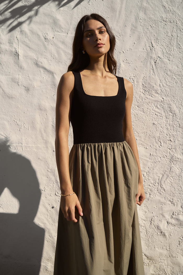 black khaki dress on model