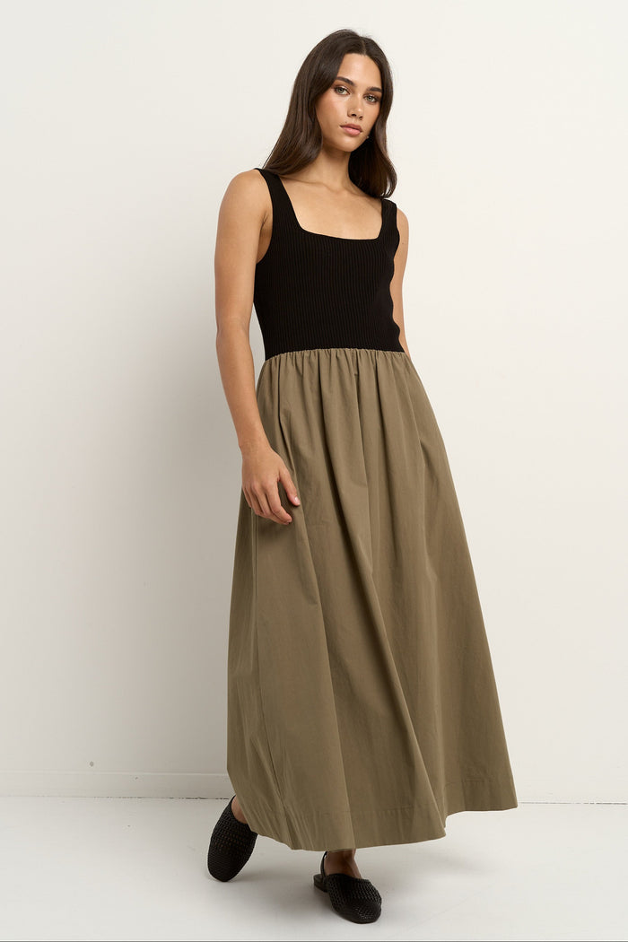 model wearing khaki black dress