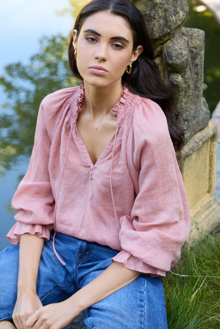 Odyssey Blush Shirred Neck Button Long Sleeve Top
