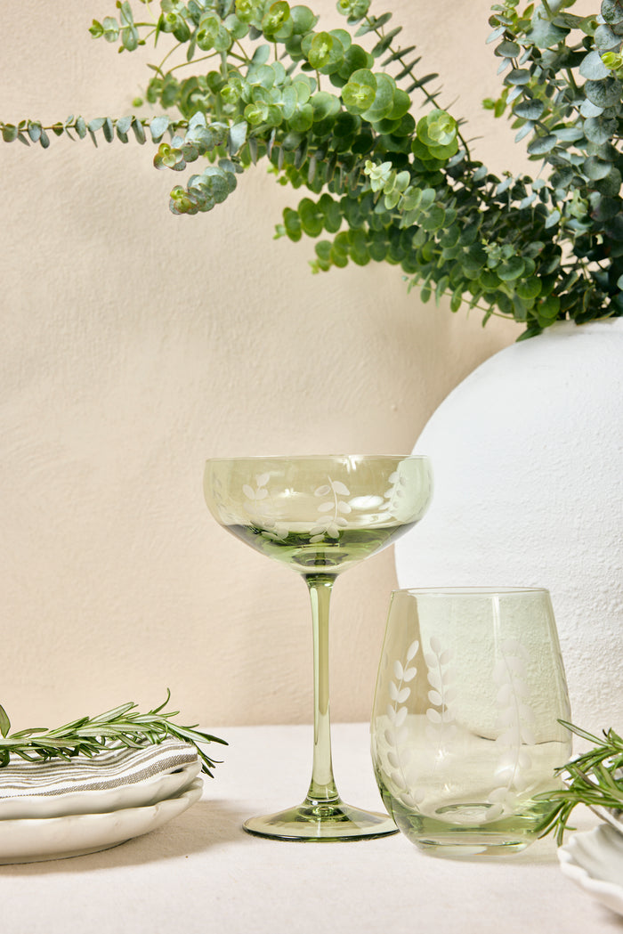 Olive Green Etched Leaf Set 2 Coupe Cocktail Glasses