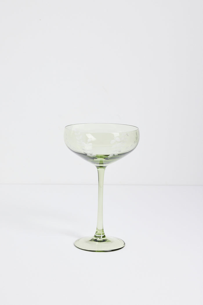 olive green etched leaf set of 2 cocktail glasses