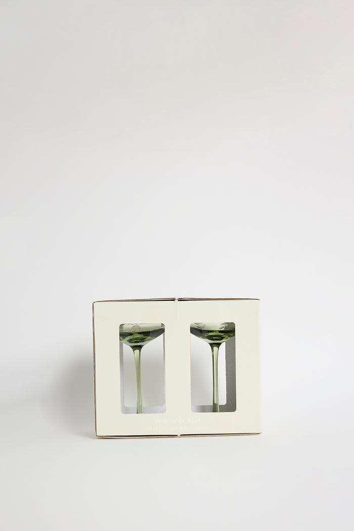Olive Green Etched Leaf Set 2 Coupe Cocktail Glasses