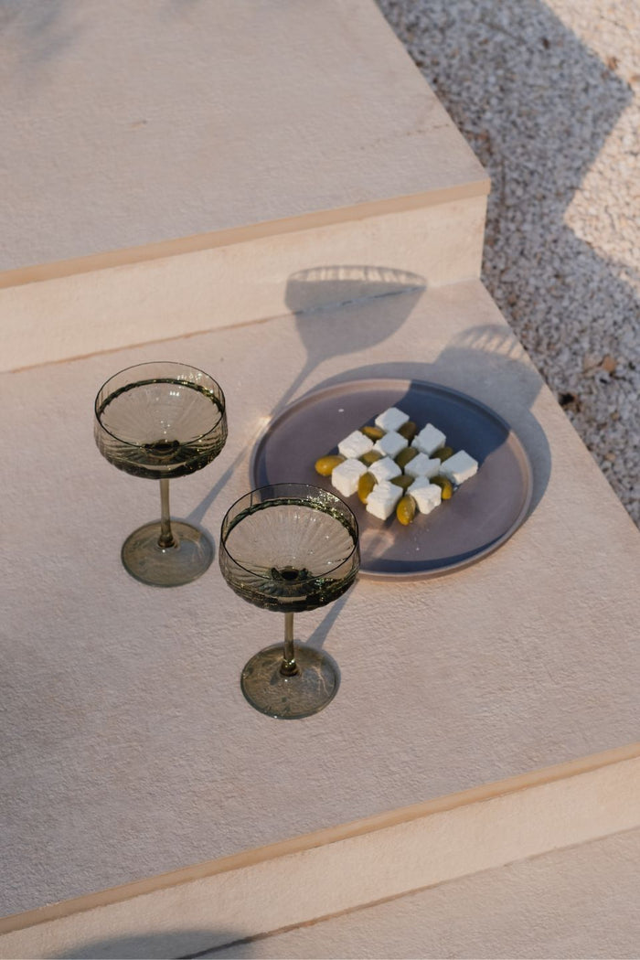 Olive Green Ribbed Set 2 Coupe Cocktail Glasses