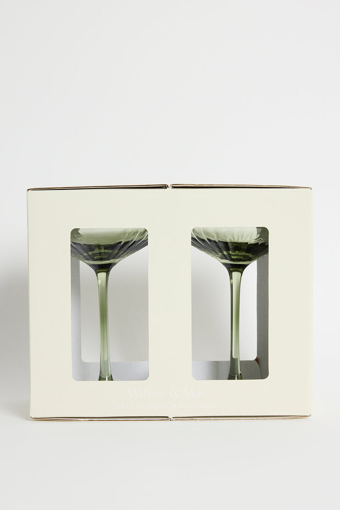 Olive Green Ribbed Set 2 Coupe Cocktail Glasses