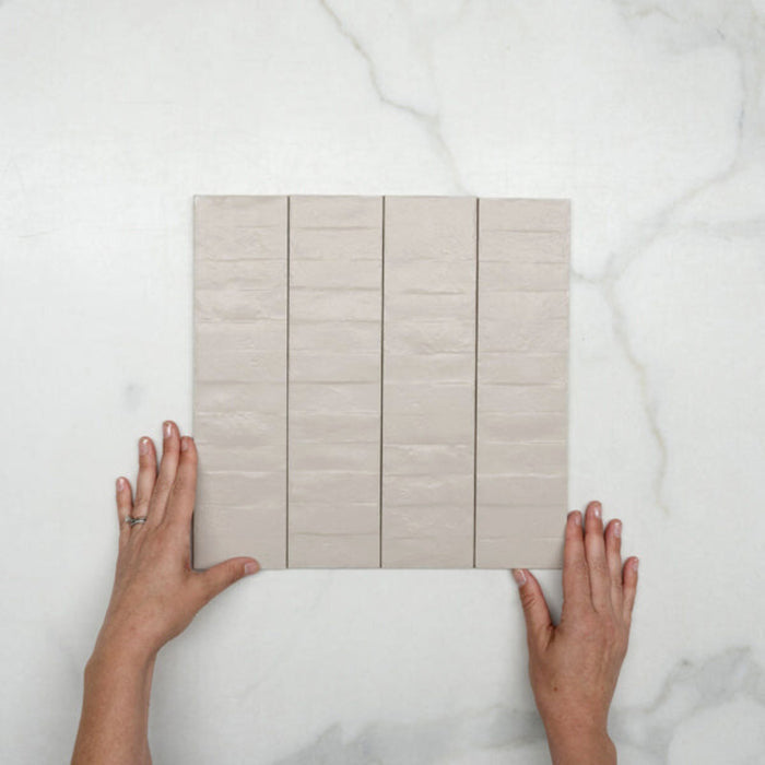 With Hand Taupe Olivia Feature Subway Matte 75 x 300mm Porcelain  - The Blue Space