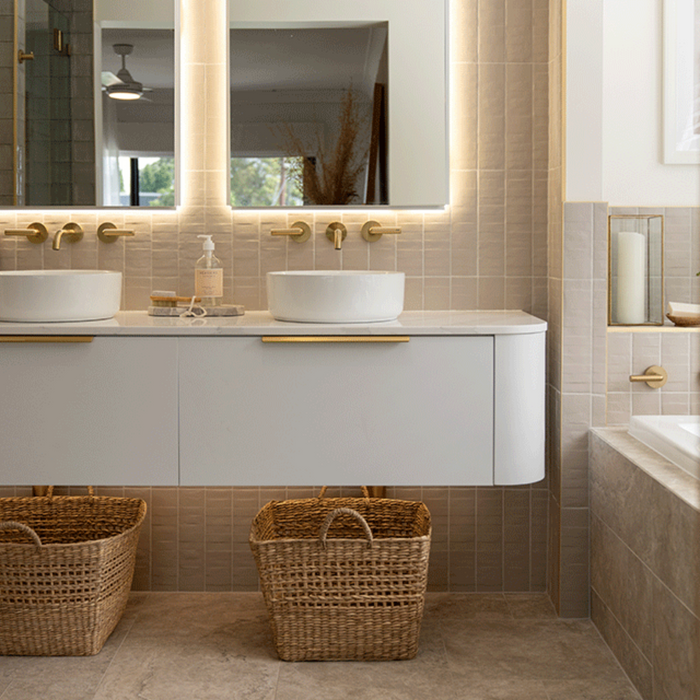 Lifestyle 05 Taupe Olivia Feature Subway Matte 75 x 300mm Porcelain  - The Blue Space