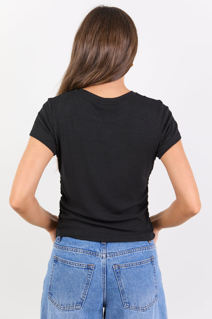 Onboard Black Rib Rouched Side Crop Tee