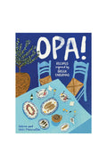 Book cover of 'Opa!' with illustrations of a Greek taverna scene on a blue background.