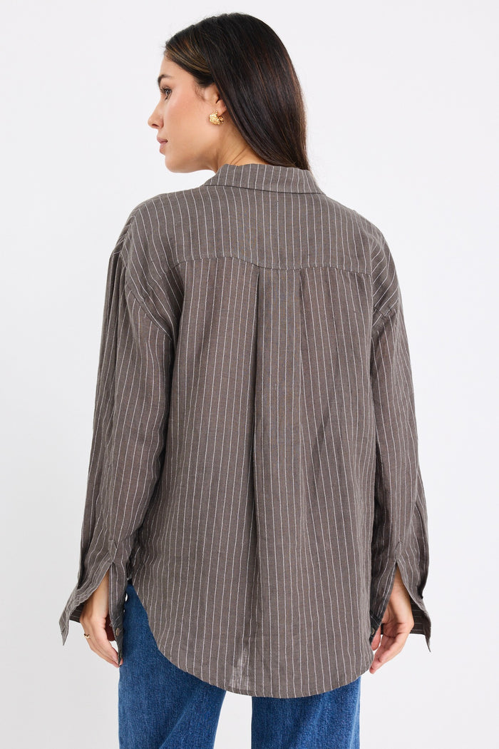 model wears a khaki white stripe shirt with dark blue jeans
@col_pattern