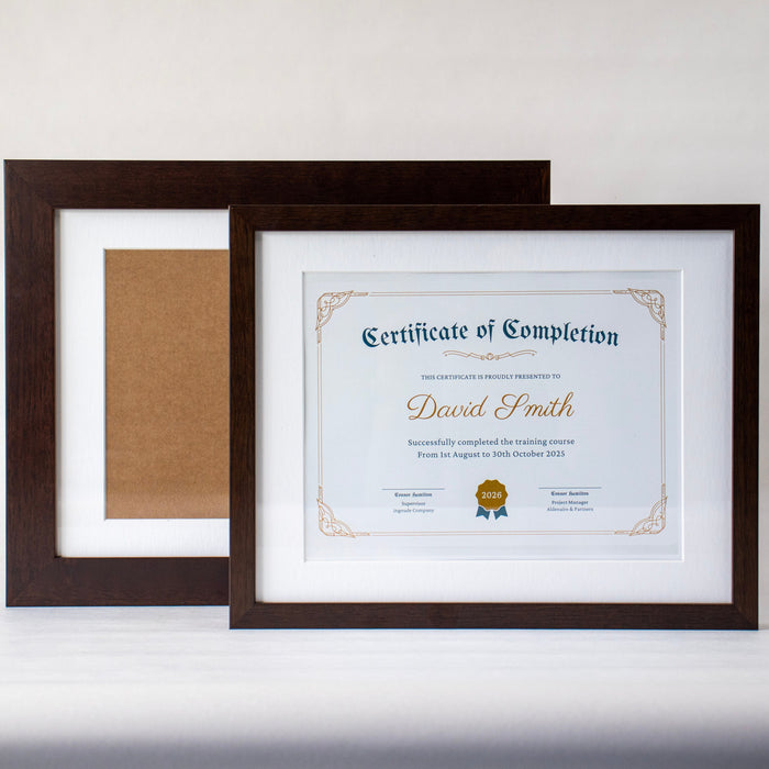Opus Diploma Frame -  11" x14" Espresso Wood Frame with White Archival Mat (8.5" x 11" Window) - Wide/Slim