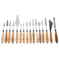 A set of 15 wooden-handled cake and pastry spatulas arranged in a row on a plain white background. The spatulas feature silver stainless steel heads and light brown wood handles with engraved numbers and text.