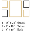 Set of natural wood and black frames with dimensions and color labels.