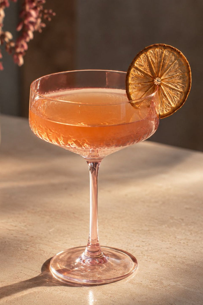 Pale Pink Ribbed Set 2 Coupe Cocktail Glasses
