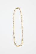gold-plated brass paperclip chain necklace with elongated links, photographed flat on a white background.