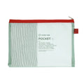 Green pouch with red zipper on a white background