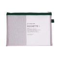 Pouch with geometric pattern and text on a white background