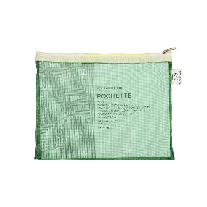 Green mesh pouch with zipper on a white background