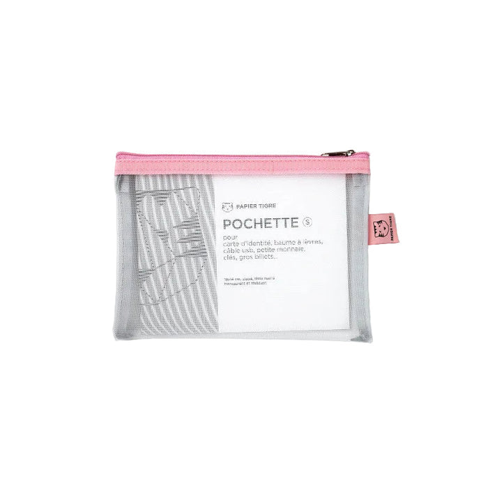 Clear pouch with pink zipper on a white background