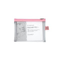 Clear pouch with pink zipper on a white background