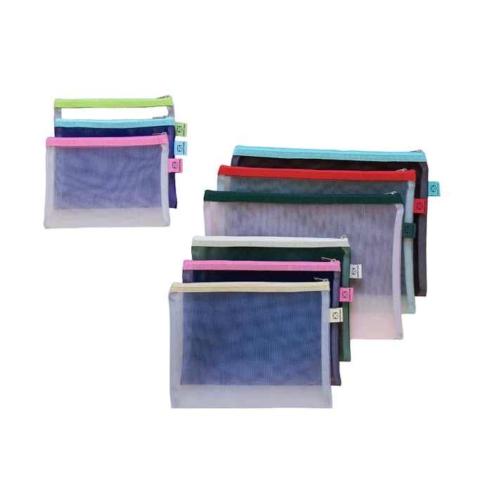 Set of transparent mesh pouches with colorful zippers on a light background