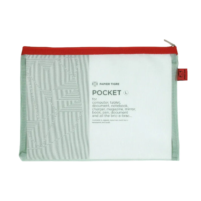 Green pouch with red zipper on a white background