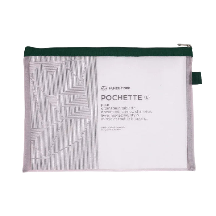 Pouch with geometric pattern and text on a white background