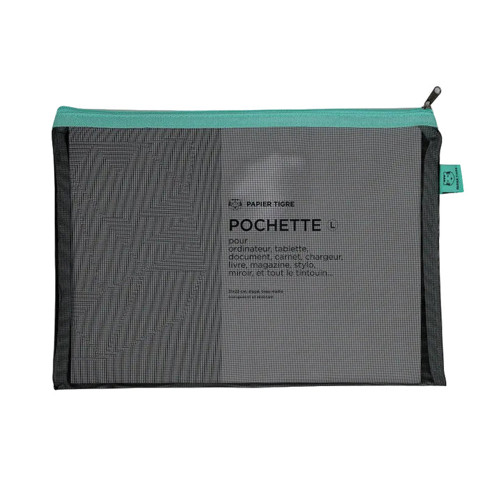 Gray pouch with green zipper and branding on a white background