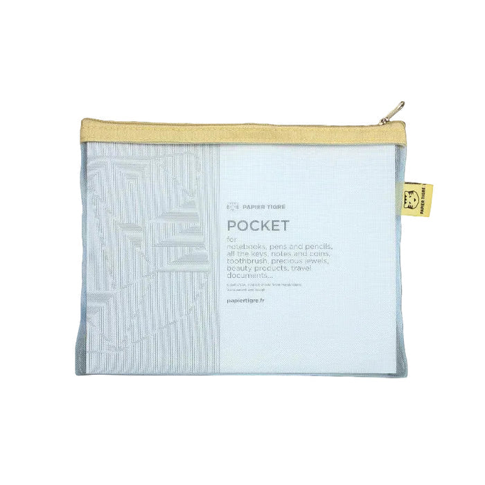 Light blue pouch with beige zipper on a white background