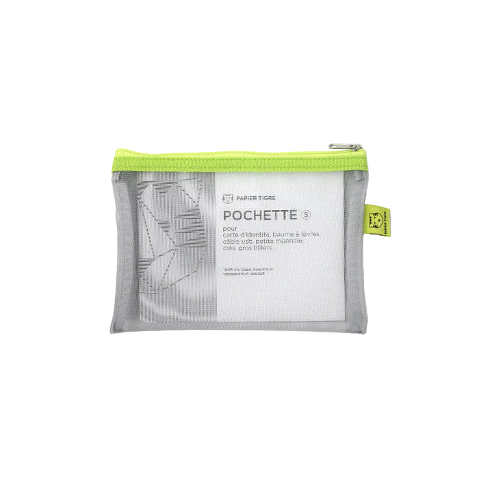 Gray pouch with green zipper on a white background