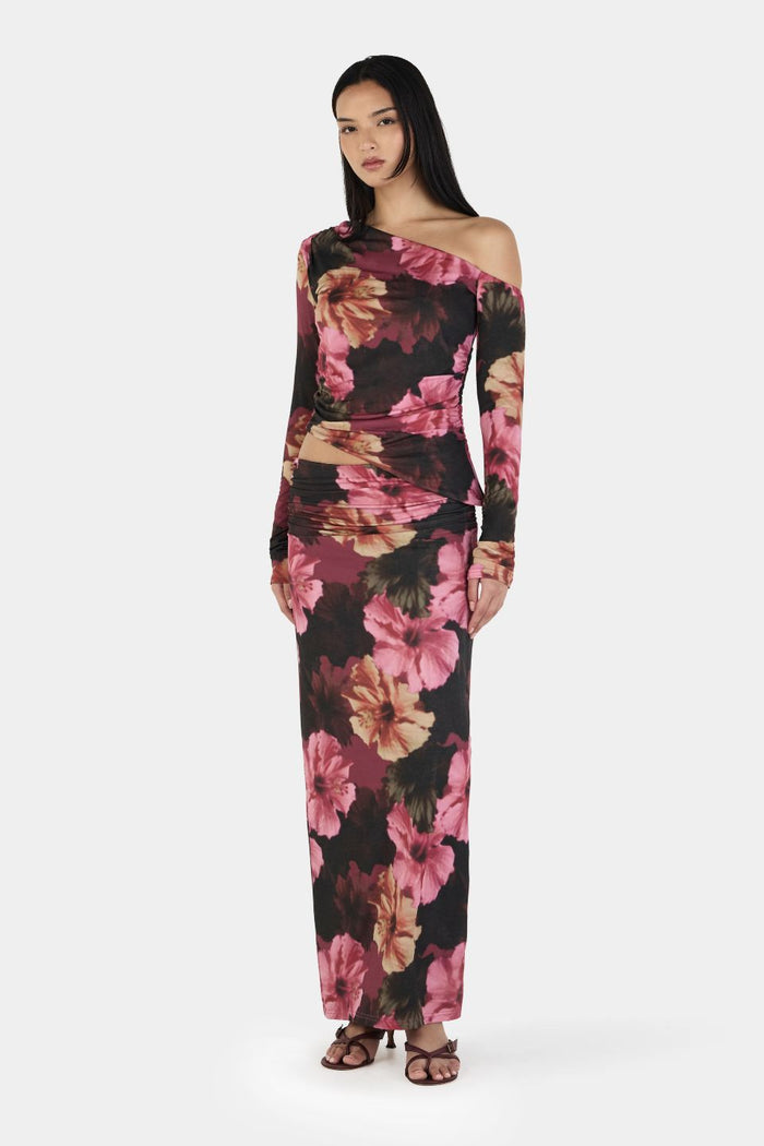 Pearla Winter Hibiscus Print Asym Neck LS Top