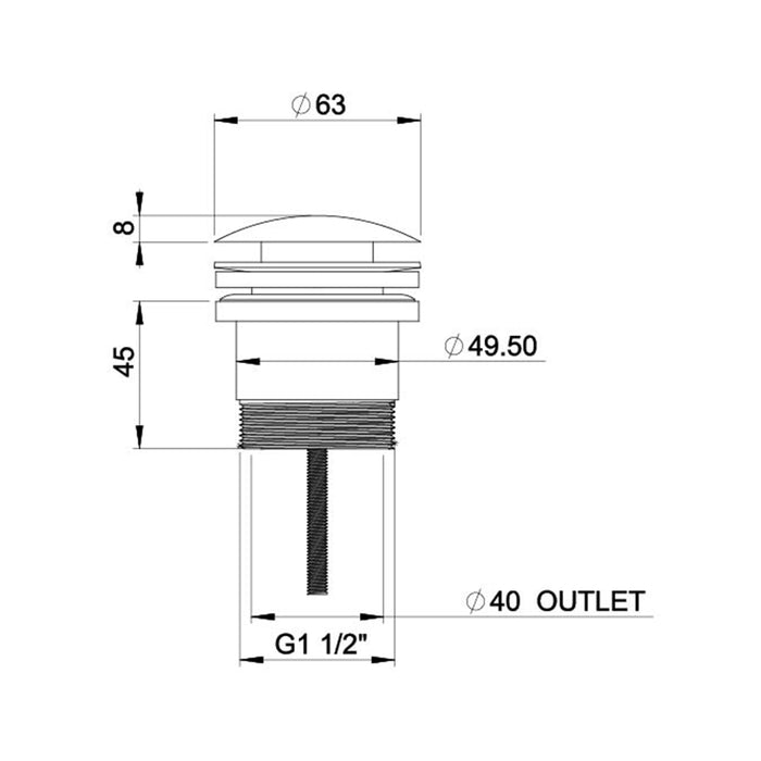 Technical Drawing Phoenix 40mm Dome Pop Up Universal Waste - Brushed Bronze 800-8900-24 - The Blue Space