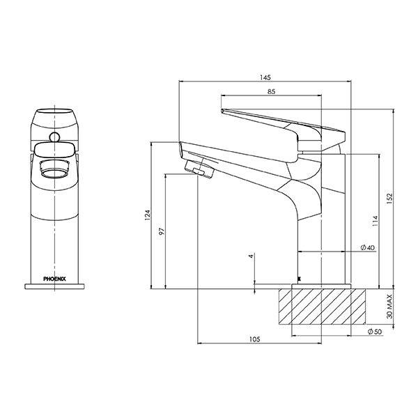 Phoenix Arlo Basin Mixer Technical Drawing - The Blue Space